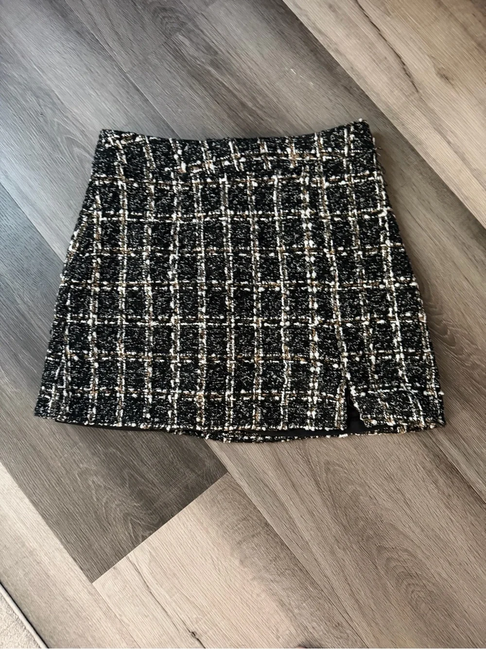 Blue Rain Black Tweed Mini Skirt with White and Gold Windowpane